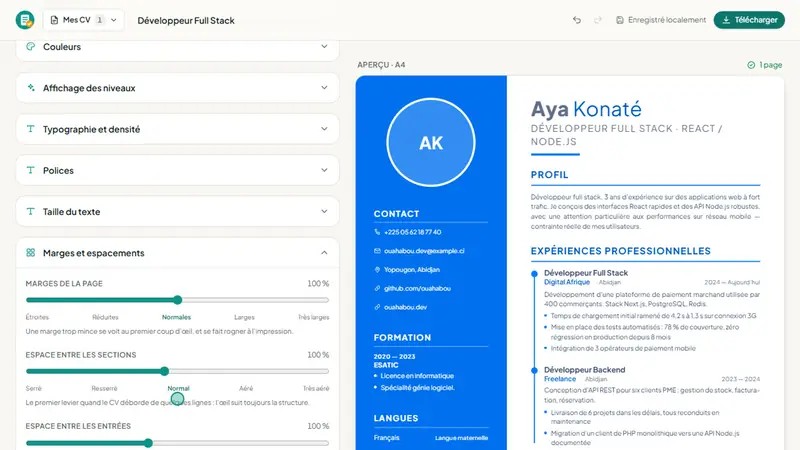 Aperçu de la démonstration : l’éditeur CVFacile et le CV en cours de composition